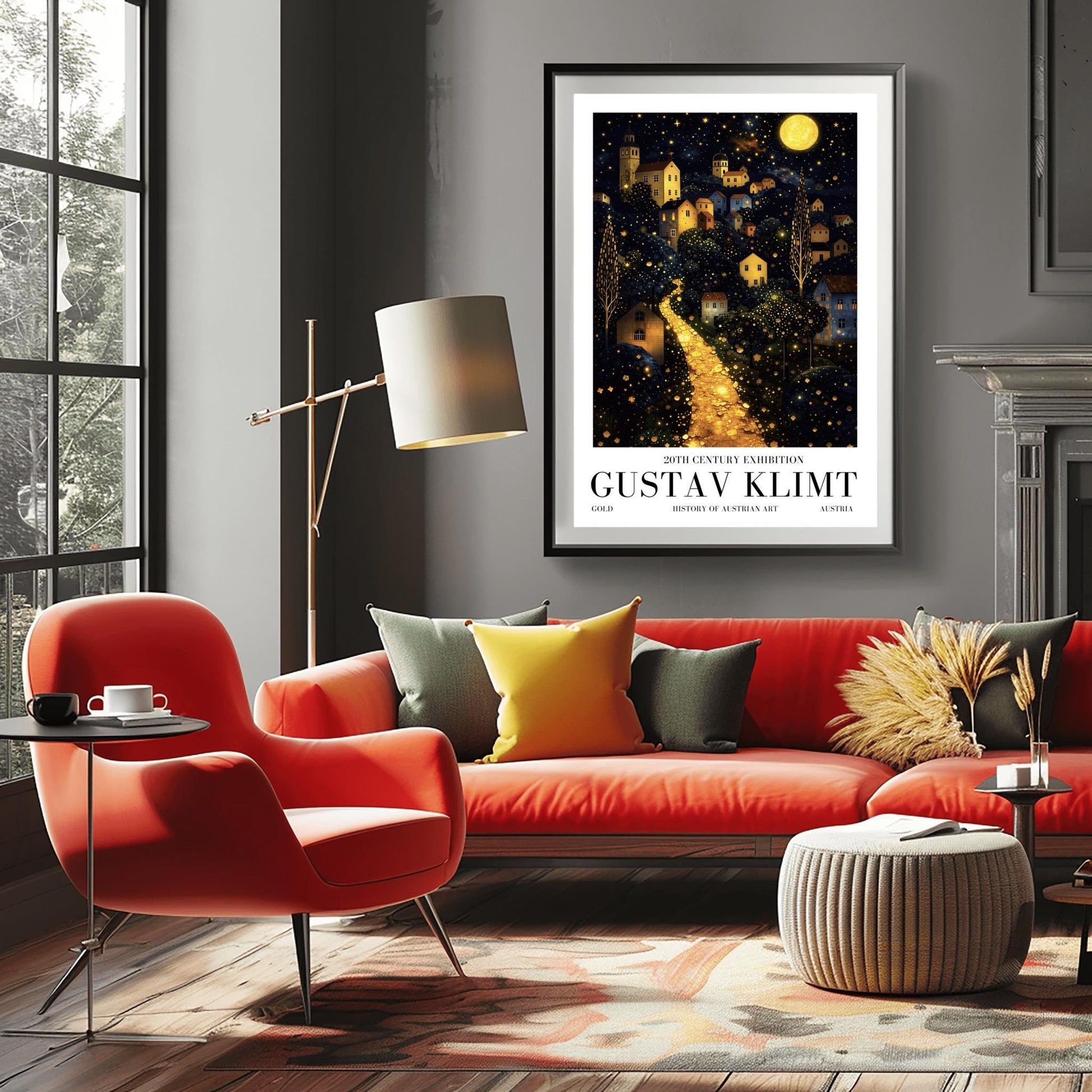 A vertical fine art landscape in the style of Gustav Klimt. A brilliant, glowing golden path winds up a dark hillside toward a village with lit windows. The deep blue night sky is filled with many stars and a large, textured golden moon. The trees are decorated with small, shimmering golden dots.
