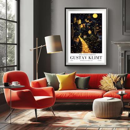 A vertical fine art landscape in the style of Gustav Klimt. A brilliant, glowing golden path winds up a dark hillside toward a village with lit windows. The deep blue night sky is filled with many stars and a large, textured golden moon. The trees are decorated with small, shimmering golden dots.