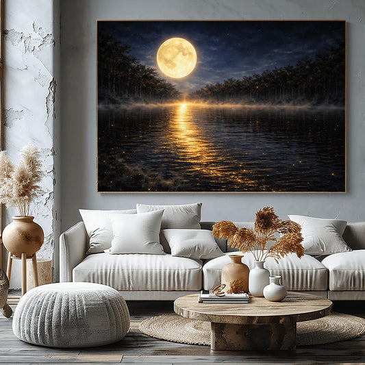 A horizontal landscape art print in the style of Gustav Klimt. A large, luminous golden moon hangs in a dark, starlit sky over a calm lake. A brilliant trail of golden light reflects across the dark water toward the viewer. Low-lying mist rolls across the lake's surface, and silhouetted dark trees line the distant shore. The overall color palette is a striking contrast of deep midnight blue and radiant metallic gold.