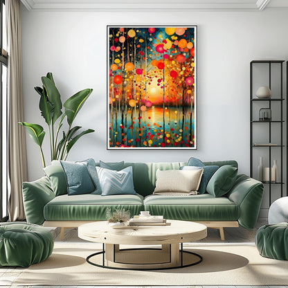 A vertical oil painting in the style of Gustav Klimt. Slender birch trees stand in the foreground of a calm turquoise lake. A soft, glowing sun is centered on the horizon, reflecting in the water. The trees are decorated with floating, circular mosaic leaves in vibrant shades of red, orange, and yellow. The style is highly textured with decorative patterns throughout the sky and water.