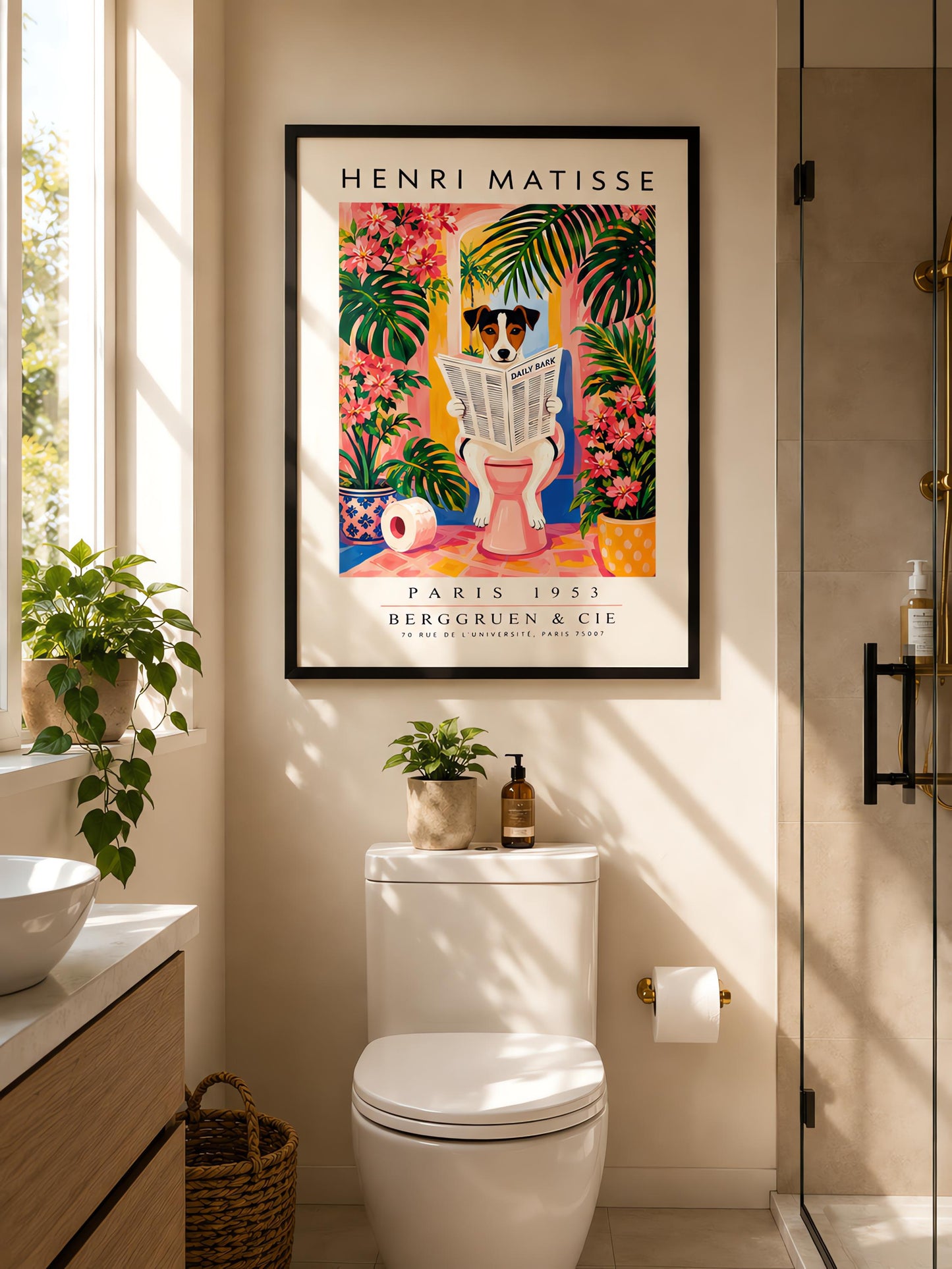 A vertical vintage-style art exhibition poster titled "HENRI MATISSE" at the top and "PARIS 1953 BERGGRUEN & CIE" at the bottom. The center illustration shows a tri-color Jack Russell Terrier dog sitting on a pink toilet inside a bright pink and yellow bathroom, reading a newspaper titled "DAILY BARK". The background features an open arch window with a tropical palm tree, large green leaves, bright pink flowers, and a roll of toilet paper on the floor.