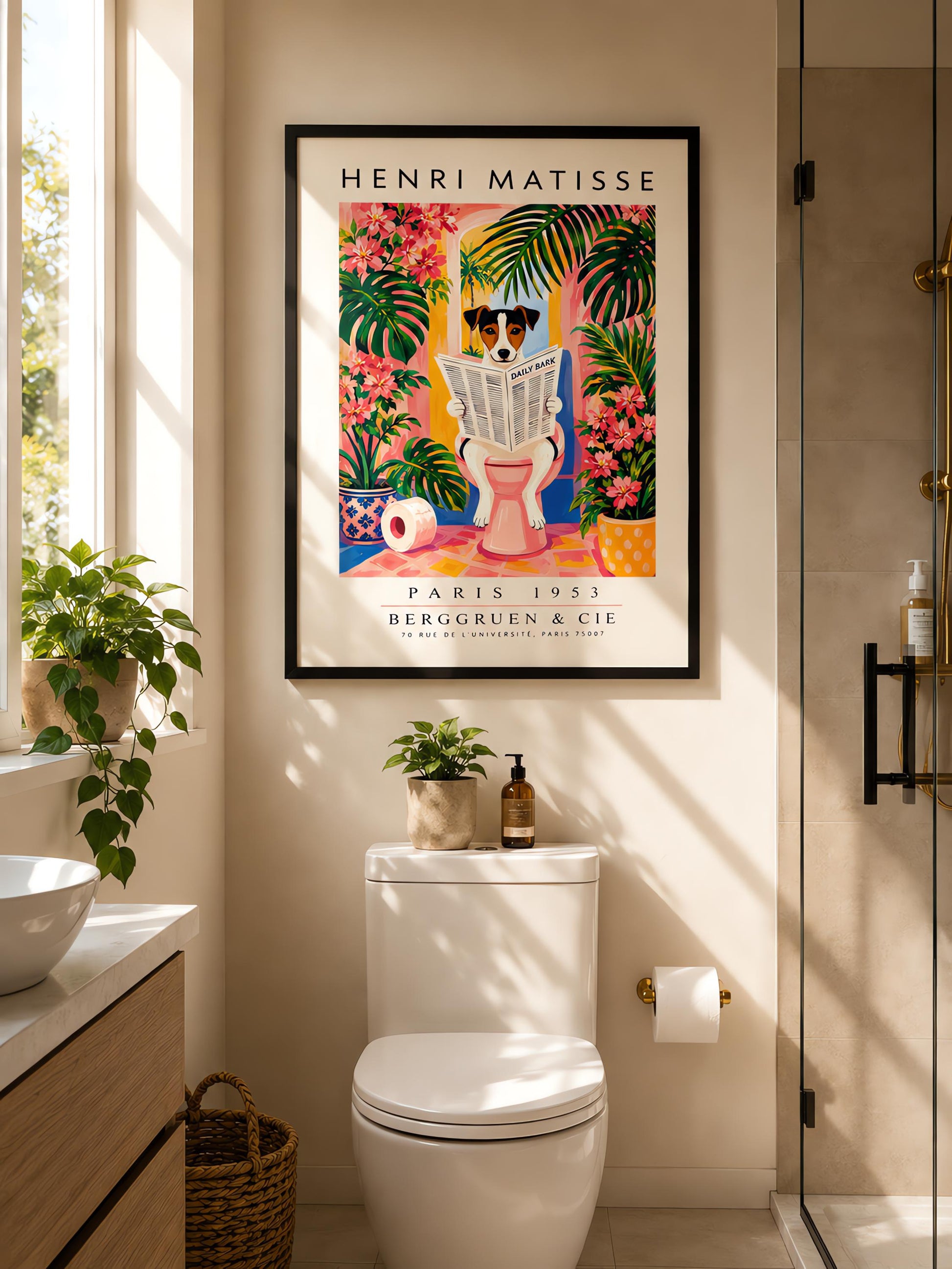 A vertical vintage-style art exhibition poster titled "HENRI MATISSE" at the top and "PARIS 1953 BERGGRUEN & CIE" at the bottom. The center illustration shows a tri-color Jack Russell Terrier dog sitting on a pink toilet inside a bright pink and yellow bathroom, reading a newspaper titled "DAILY BARK". The background features an open arch window with a tropical palm tree, large green leaves, bright pink flowers, and a roll of toilet paper on the floor.