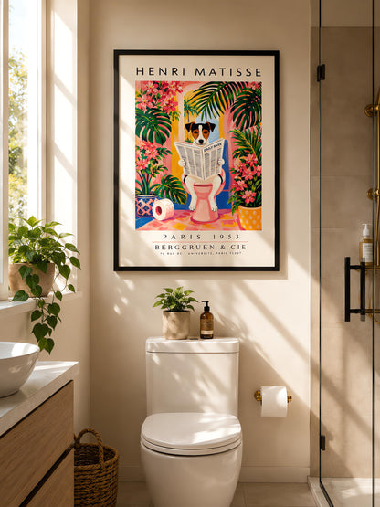 A vertical vintage-style art exhibition poster titled "HENRI MATISSE" at the top and "PARIS 1953 BERGGRUEN & CIE" at the bottom. The center illustration shows a tri-color Jack Russell Terrier dog sitting on a pink toilet inside a bright pink and yellow bathroom, reading a newspaper titled "DAILY BARK". The background features an open arch window with a tropical palm tree, large green leaves, bright pink flowers, and a roll of toilet paper on the floor.