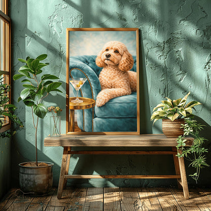 A vertical oil-style painting of a fluffy, tan-colored cockapoo with big brown eyes sitting on a plush, light teal velvet tufted sofa. To the left, a martini glass with two olives sits on a round, polished gold side table. The background is a soft, textured sky blue, and the overall lighting is bright and elegant.