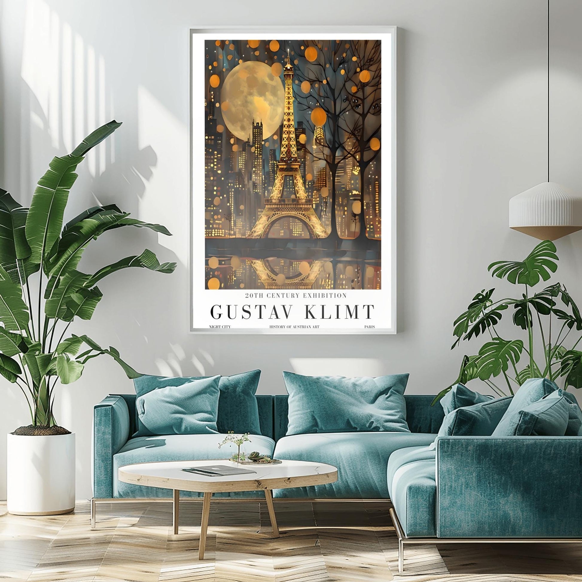 A vertical museum exhibition poster featuring the Eiffel Tower in Paris at night in the style of Gustav Klimt. The tower and city buildings glow in textured gold against a dark blue sky with a large, golden moon. Below the image, bold black text reads "GUSTAV KLIMT" and "20TH CENTURY EXHIBITION" against a white border.