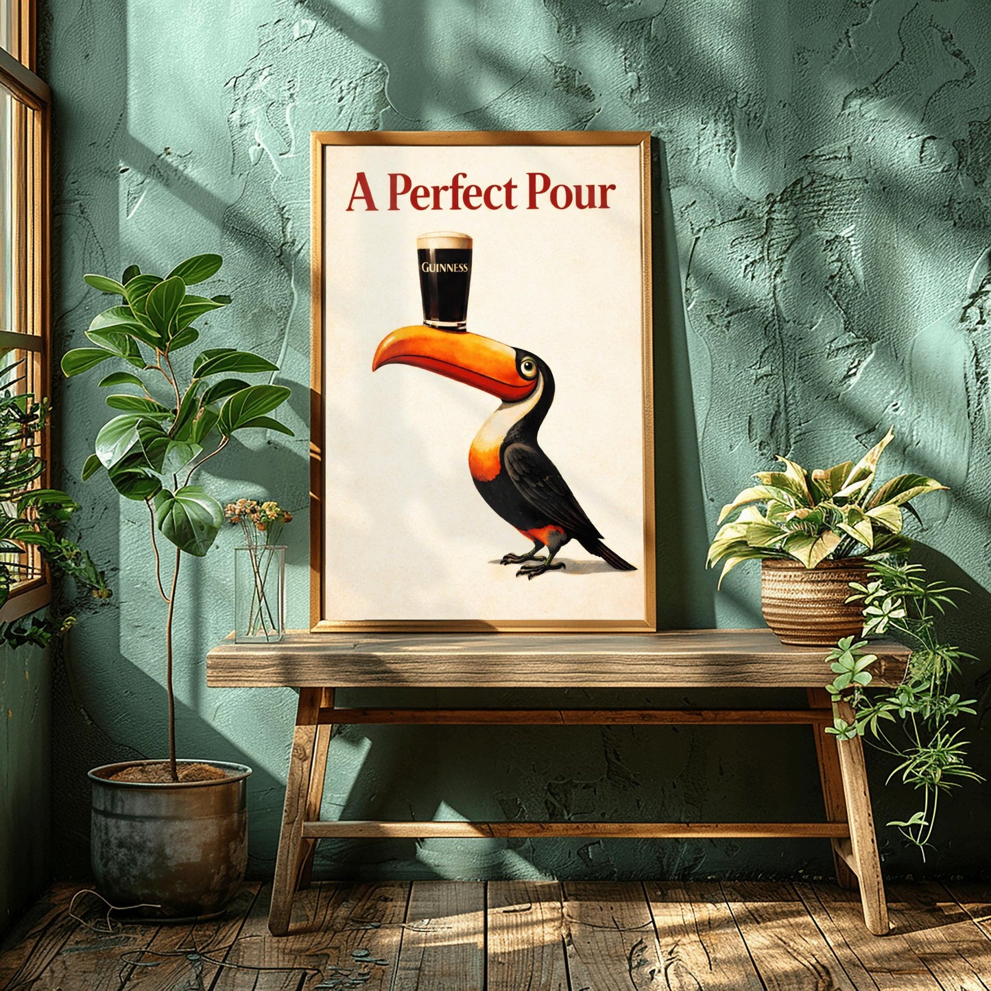 A vertical minimalist vintage-style poster. A colorful toucan with a bright orange beak balances a single pint of dark Guinness beer on its bill. The background is a clean, textured cream color. Bold red text at the top reads "A Perfect Pour."