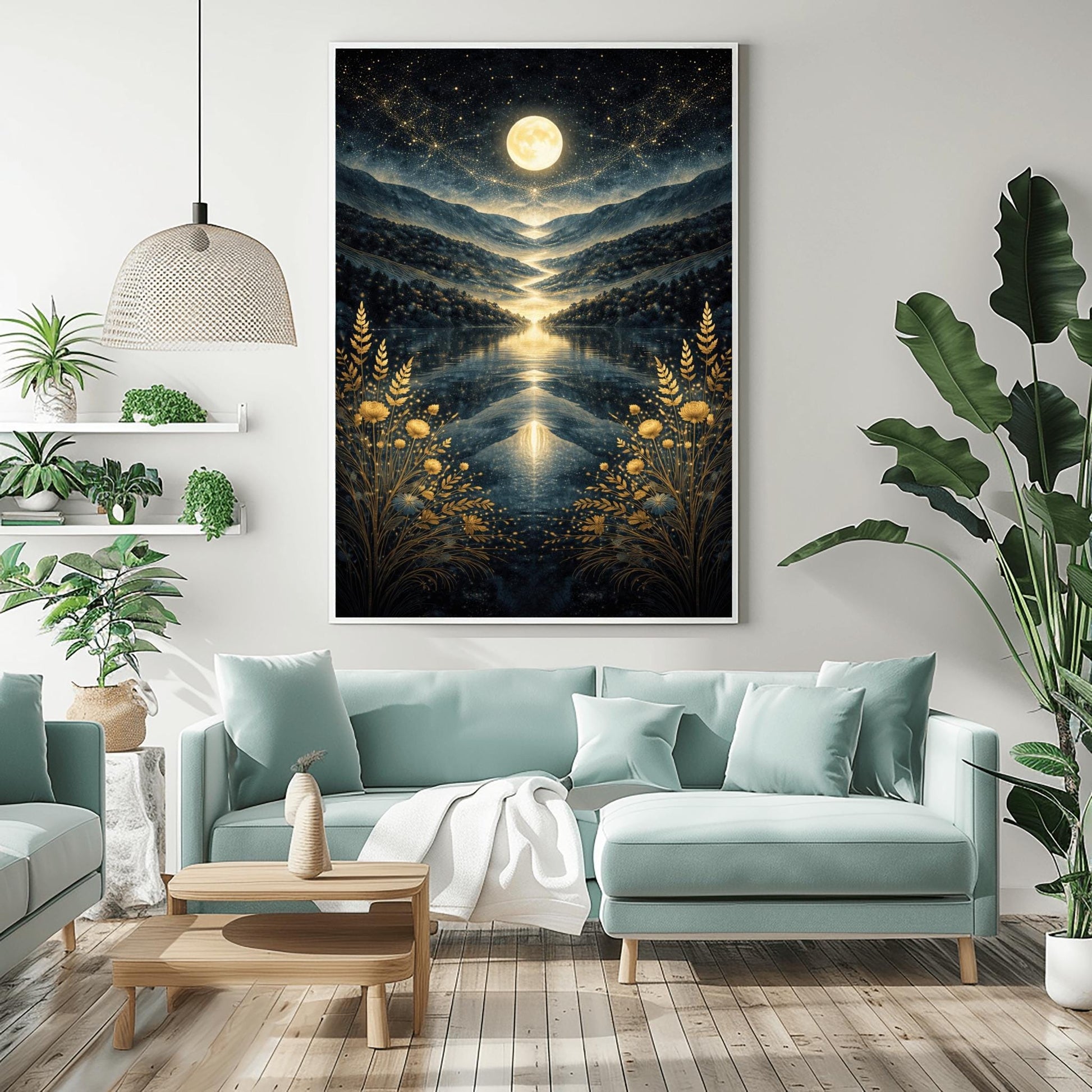 A vertical Art Nouveau illustration in the style of Gustav Klimt. A golden full moon and swirling stardust fill a dark blue sky above a symmetrical mountain valley. A river of light flows into a lake in the center, framed by golden wheat and flowers in the foreground.