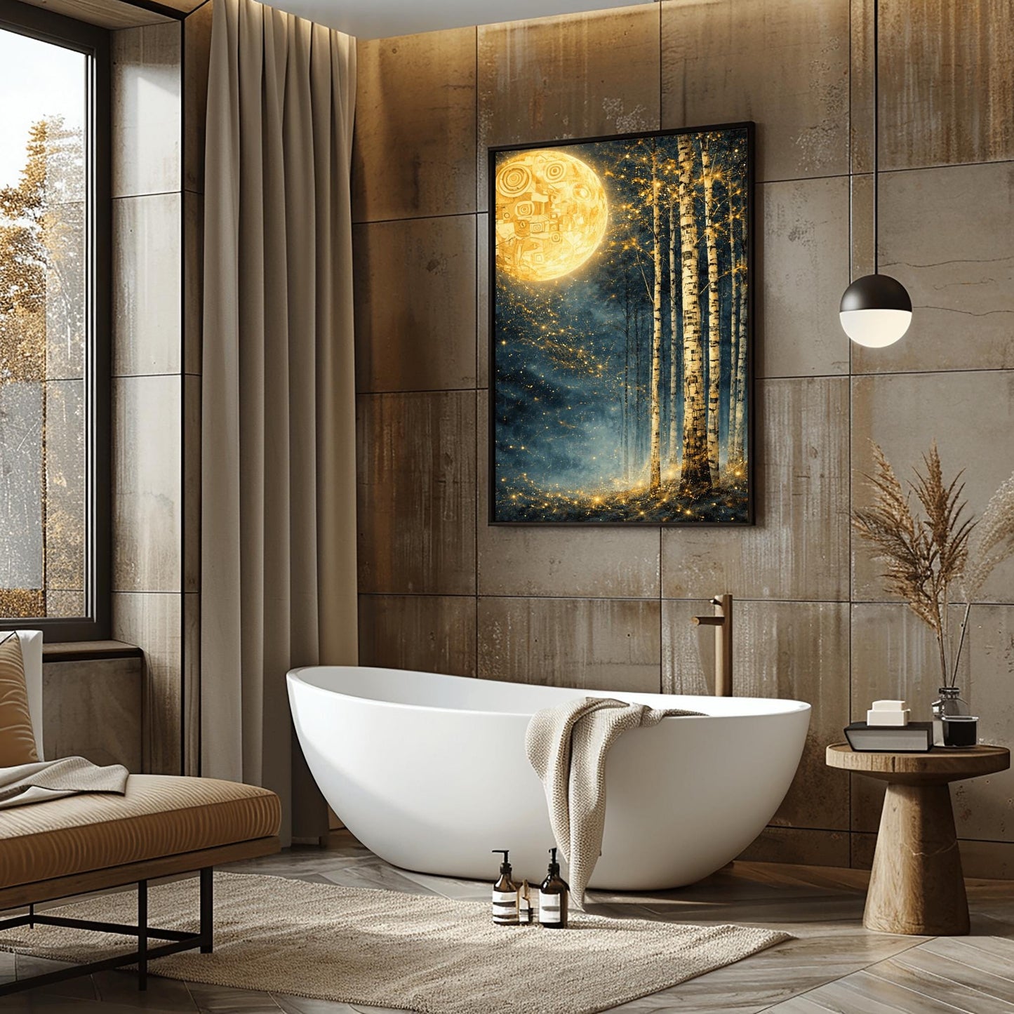 A vertical Art Nouveau illustration in the style of Gustav Klimt. A large, patterned golden moon sits in the upper left corner of a dark, misty teal forest. Slender birch trees stand on the right, while a swirl of golden stardust flows across the center.
