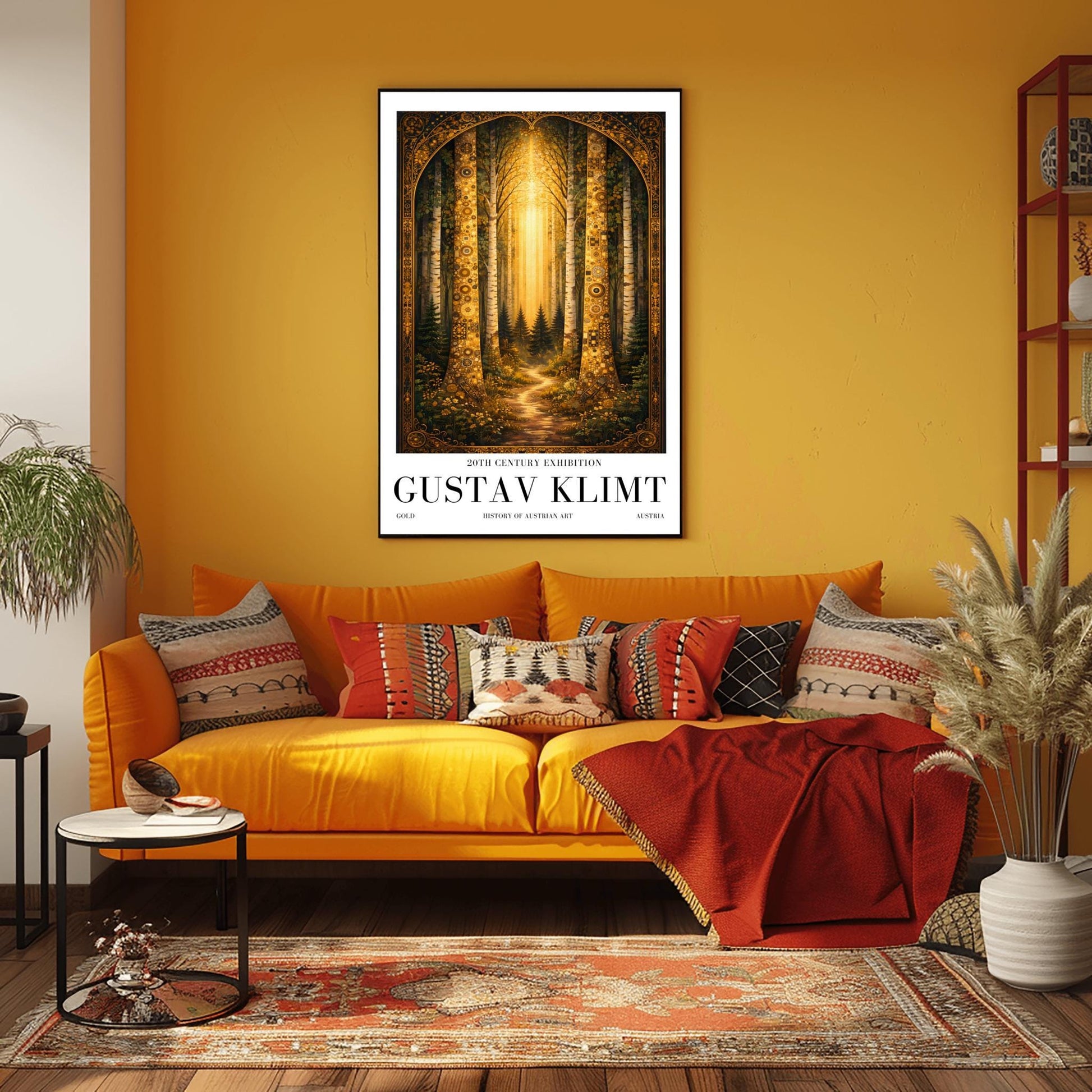 A vertical exhibition poster for Gustav Klimt. Two tall birch trees with golden mosaic bark frame a view of a dark forest path illuminated by a bright vertical beam of sunlight. The artwork has an ornate gold border and clean white margins with text at the bottom.