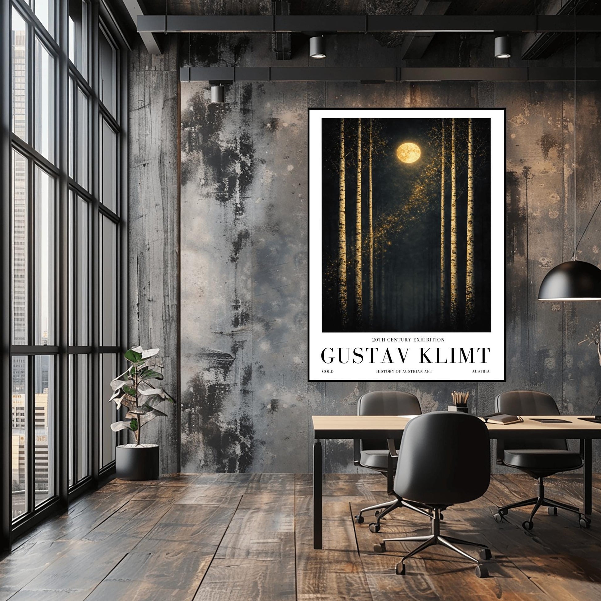 A vertical museum exhibition poster featuring six slender birch trees against a dark sky. A golden moon and a diagonal trail of stardust are centered at the top. Below the art, the text reads "20th Century Exhibition," "GUSTAV KLIMT," and "History of Austrian Art" in black serif font.