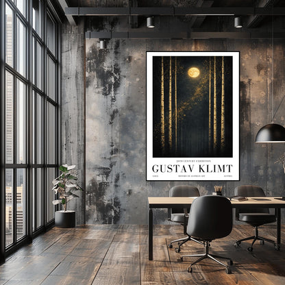 A vertical museum exhibition poster featuring six slender birch trees against a dark sky. A golden moon and a diagonal trail of stardust are centered at the top. Below the art, the text reads "20th Century Exhibition," "GUSTAV KLIMT," and "History of Austrian Art" in black serif font.