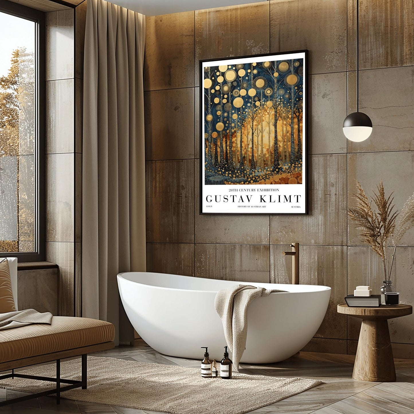 A vertical exhibition-style poster for a Gustav Klimt exhibit. The artwork features tall, slender trees with black bark covered in intricate gold scrolls and geometric patterns. Large, textured golden orbs float in the upper canopy. A warm, glowing light radiates from the center of the forest. The bottom margin features bold text reading "GUSTAV KLIMT" and "20TH CENTURY EXHIBITION."