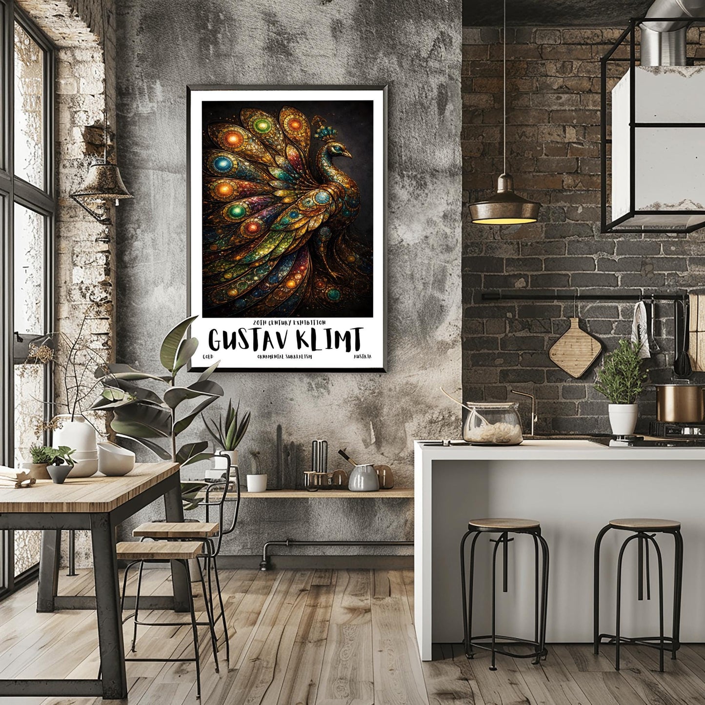 A vertical exhibition poster for Gustav Klimt. A peacock is shown in profile with a large, spread-out tail made of golden mosaic patterns and glowing jewel-toned circles in green, blue, and amber. The background is dark, and the bottom features bold text reading "GUSTAV KLIMT."