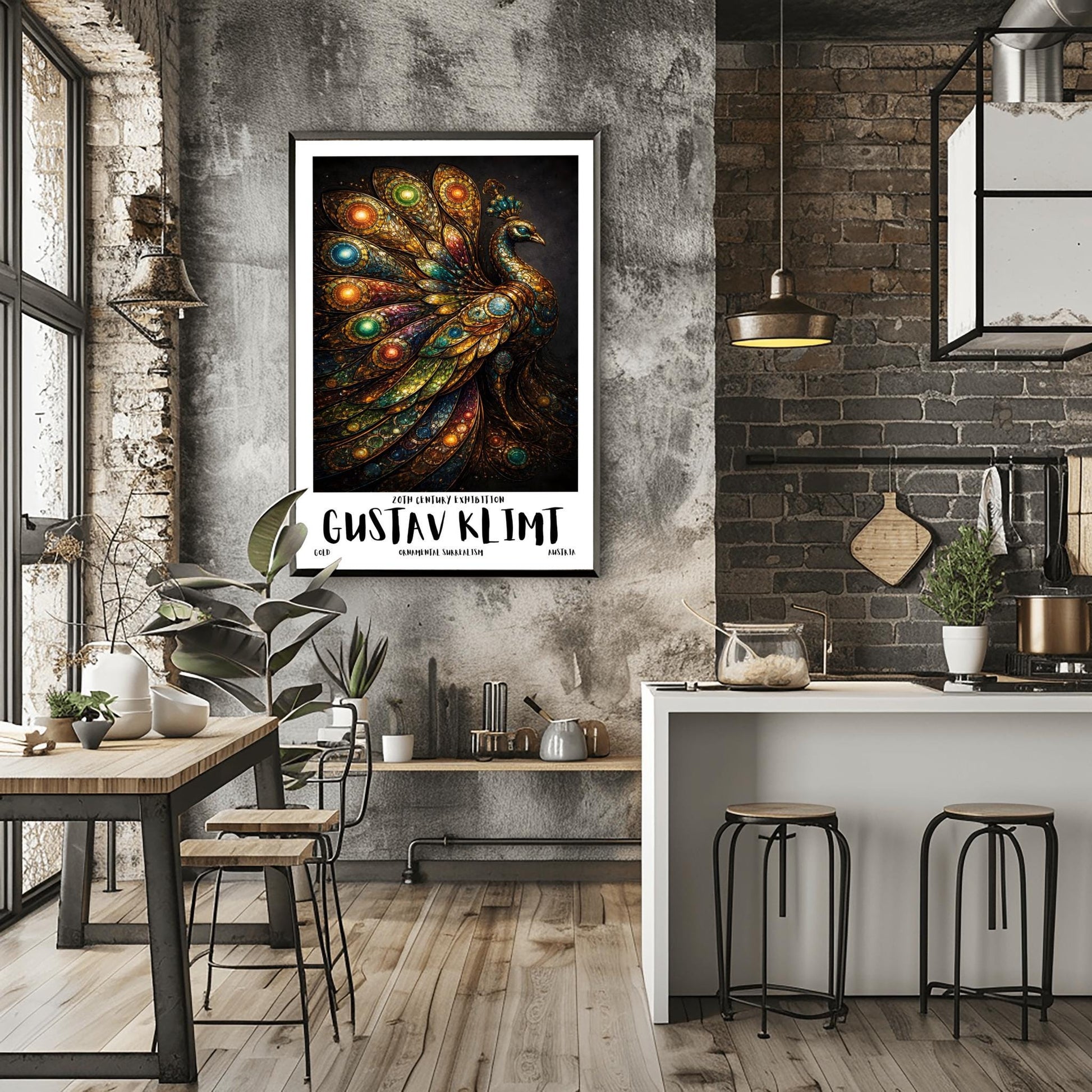 A vertical exhibition poster for Gustav Klimt. A peacock is shown in profile with a large, spread-out tail made of golden mosaic patterns and glowing jewel-toned circles in green, blue, and amber. The background is dark, and the bottom features bold text reading "GUSTAV KLIMT."
