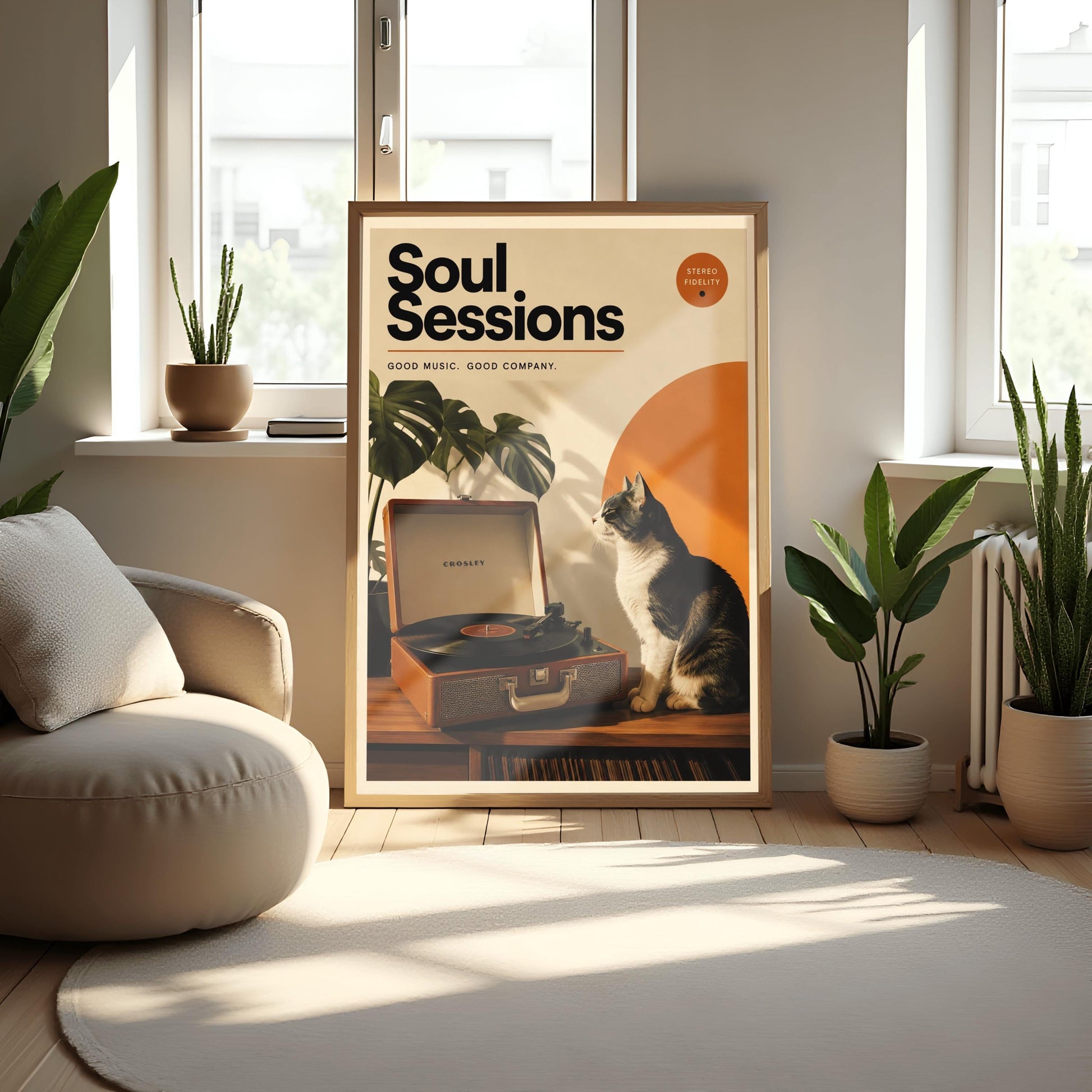 A vertical retro fine art poster titled "Soul Sessions" on a wide cream border. The design features a bold black heading at the top above the text "GOOD MUSIC. GOOD COMPANY." In the central artwork, a black and white tuxedo cat sits contentedly next to an open tan Crosley record player spinning a vinyl record. A large orange sun shape and a monstera plant decorate the background.