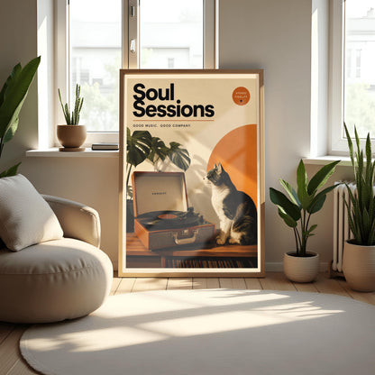A vertical retro fine art poster titled "Soul Sessions" on a wide cream border. The design features a bold black heading at the top above the text "GOOD MUSIC. GOOD COMPANY." In the central artwork, a black and white tuxedo cat sits contentedly next to an open tan Crosley record player spinning a vinyl record. A large orange sun shape and a monstera plant decorate the background.