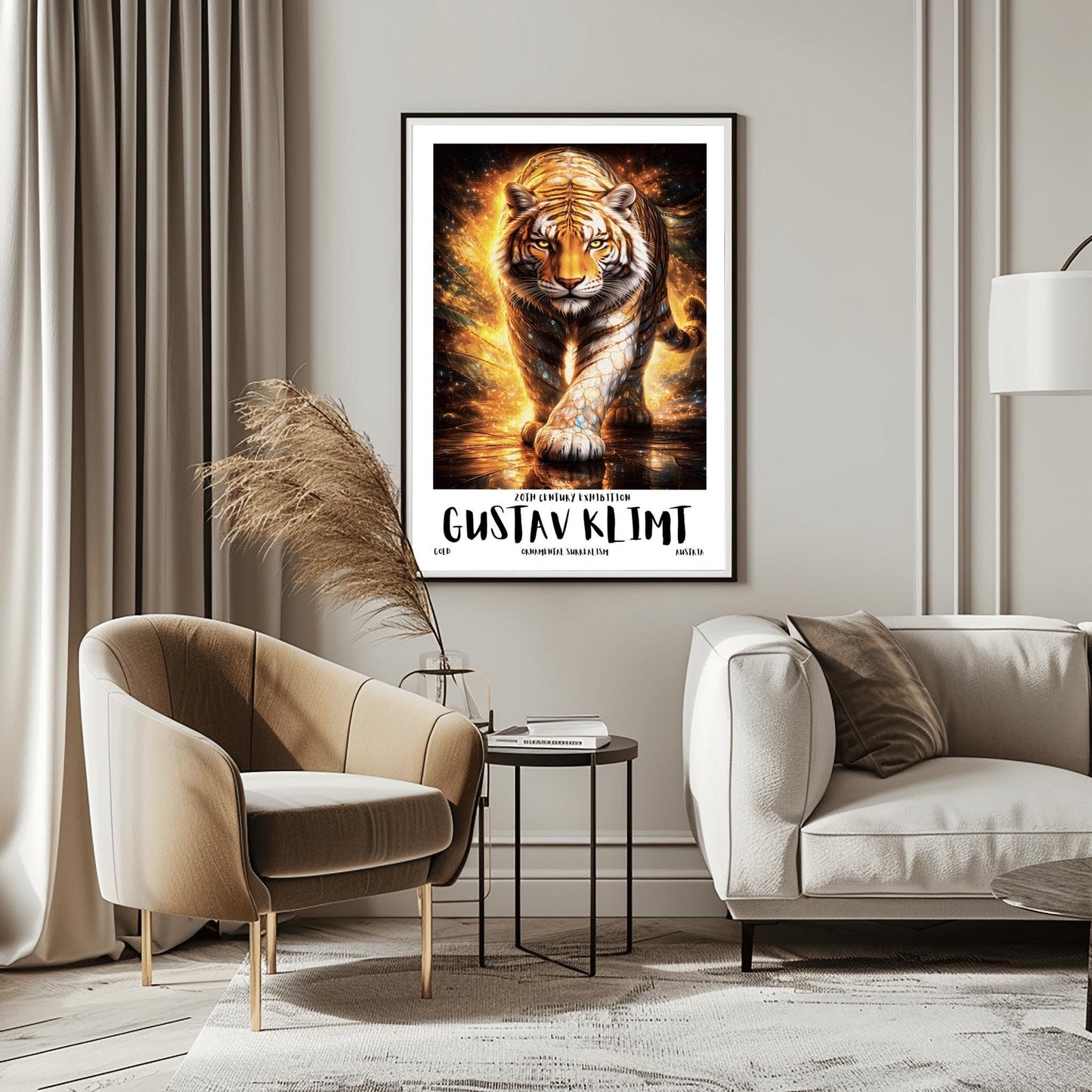 A vertical full-bleed illustration of a tiger in the style of Gustav Klimt. The tiger is prowling forward toward the viewer, its body covered in golden mosaic patterns and glowing orange light. The background is a swirl of amber sparks and gold-leaf textures.