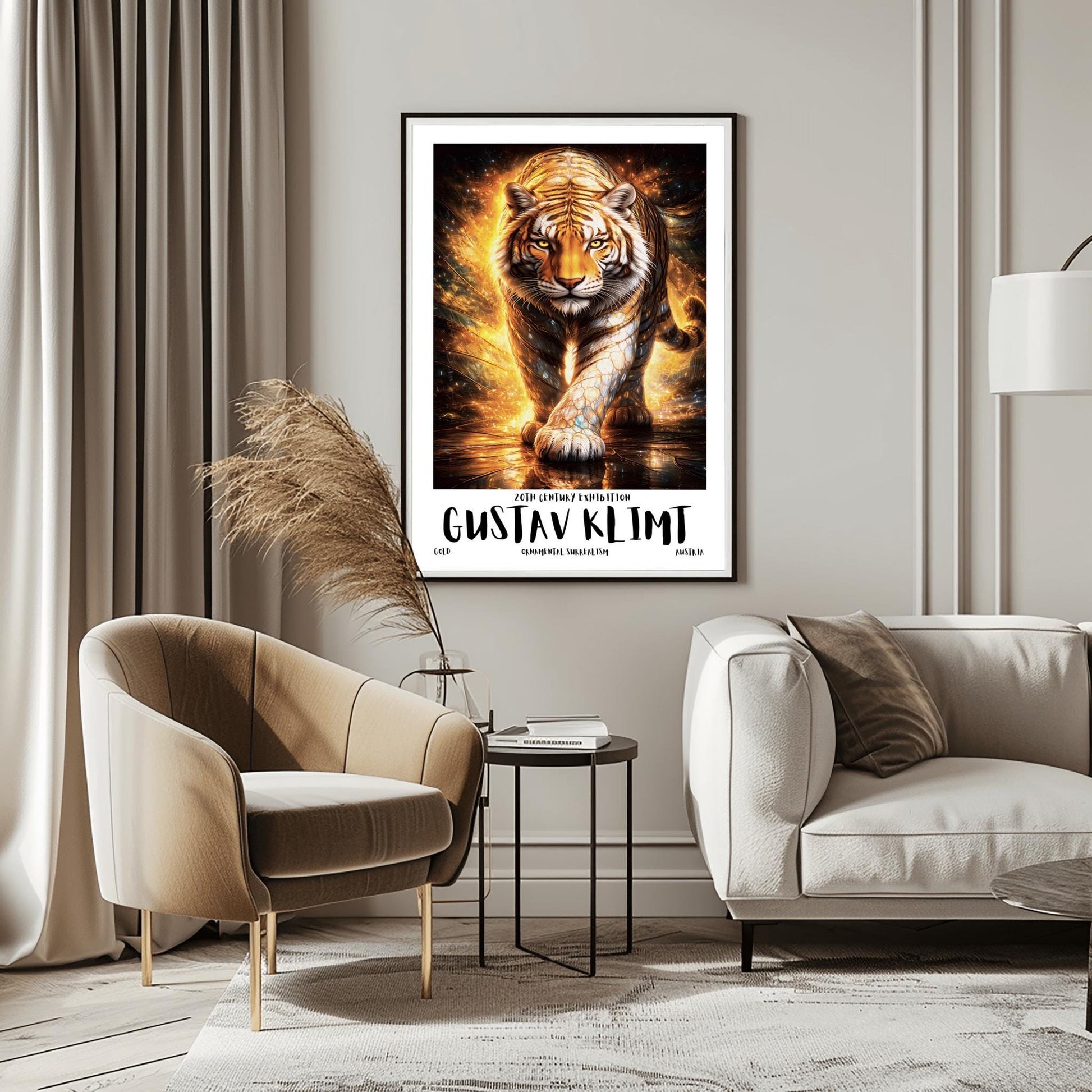 A vertical full-bleed illustration of a tiger in the style of Gustav Klimt. The tiger is prowling forward toward the viewer, its body covered in golden mosaic patterns and glowing orange light. The background is a swirl of amber sparks and gold-leaf textures.