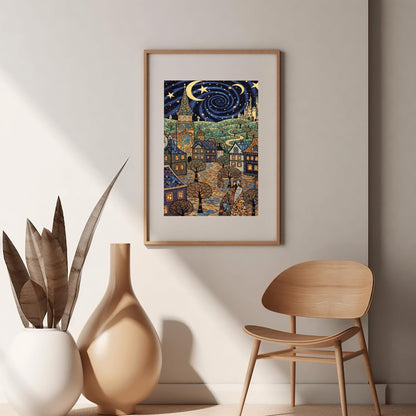 A vertical fine art print in the style of Gustav Klimt. A whimsical European village with mosaic-patterned houses and a tall tower sits under a swirling dark blue night sky. The sky features a large golden vortex, crescent moons, and stars. The ground is a colorful mosaic cobblestone path with spiral-patterned trees.