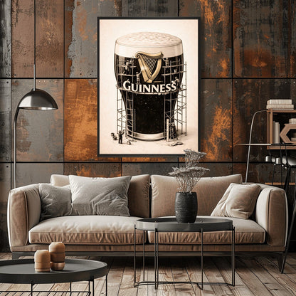 A vertical charcoal illustration of a large pint of Guinness. The glass is surrounded by a complex wooden scaffolding structure. Tiny worker silhouettes are on the scaffolding, polishing a large golden harp and the white Guinness logo on the front of the glass. The background is a light cream color.