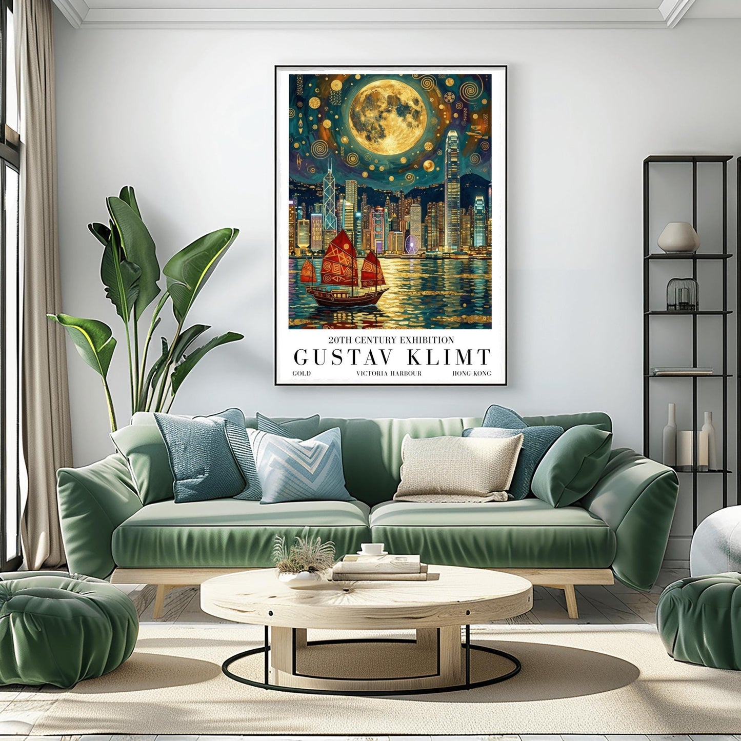 A vertical museum exhibition poster in the style of Gustav Klimt. A traditional red junk boat with golden patterns sails in front of the Hong Kong skyline at night. A massive golden moon with mosaic patterns fills the top of the sky. Bold black text at the bottom reads "GUSTAV KLIMT" and "VICTORIA HARBOUR."