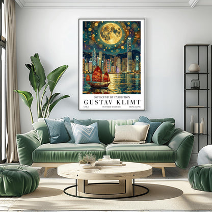 A vertical museum exhibition poster in the style of Gustav Klimt. A traditional red junk boat with golden patterns sails in front of the Hong Kong skyline at night. A massive golden moon with mosaic patterns fills the top of the sky. Bold black text at the bottom reads "GUSTAV KLIMT" and "VICTORIA HARBOUR."