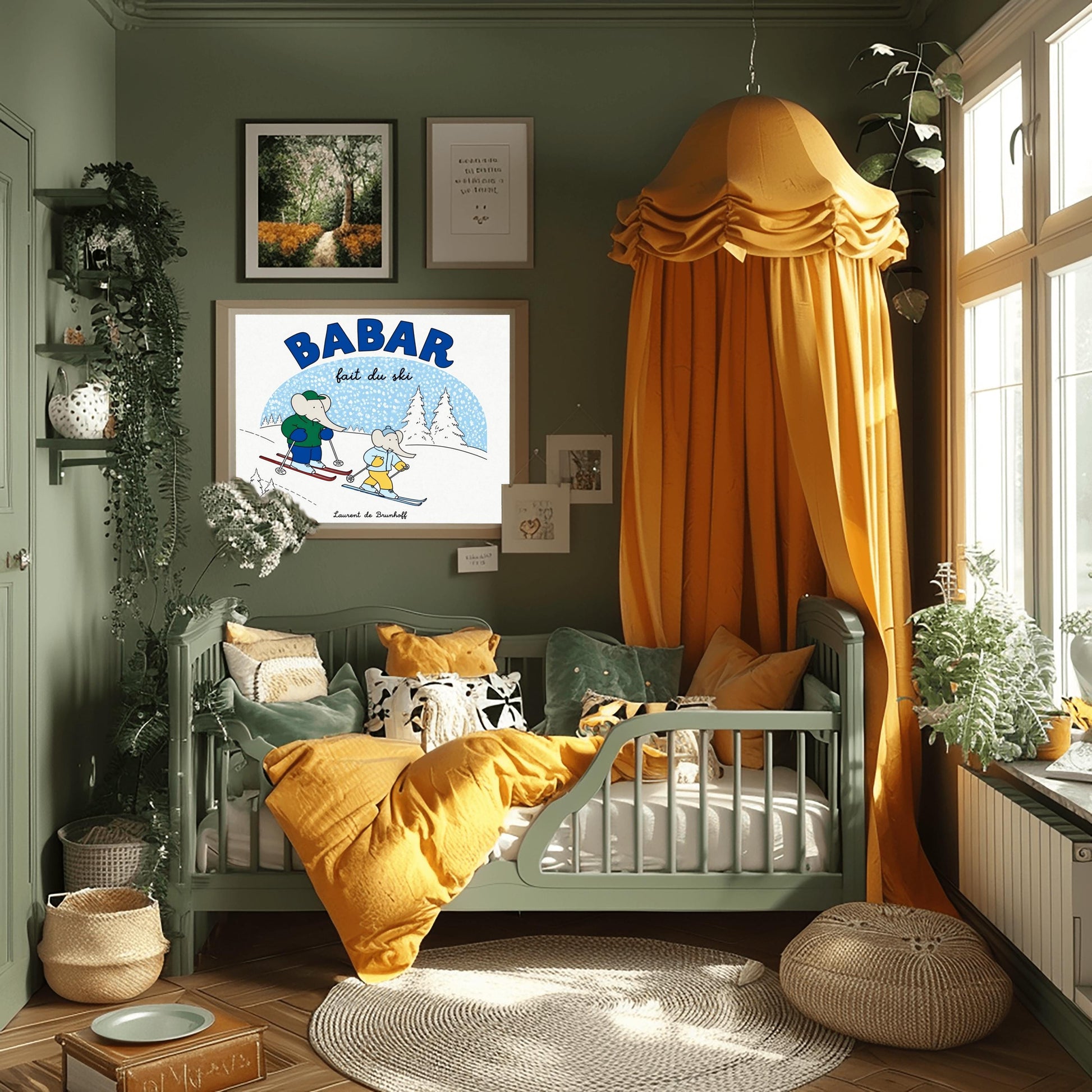 A horizontal children's art print featuring two cartoon elephants skiing down a white hill from left to right. The larger elephant, Babar, is in a green jacket with red skis. The smaller elephant is in a light blue jacket with blue skis. A large blue arch in the background represents a sky filled with white snow. Bold blue text at the top reads "BABAR" and script text below it says "fait du ski." The name "Laurent de Brunhoff" is centered at the bottom.v
