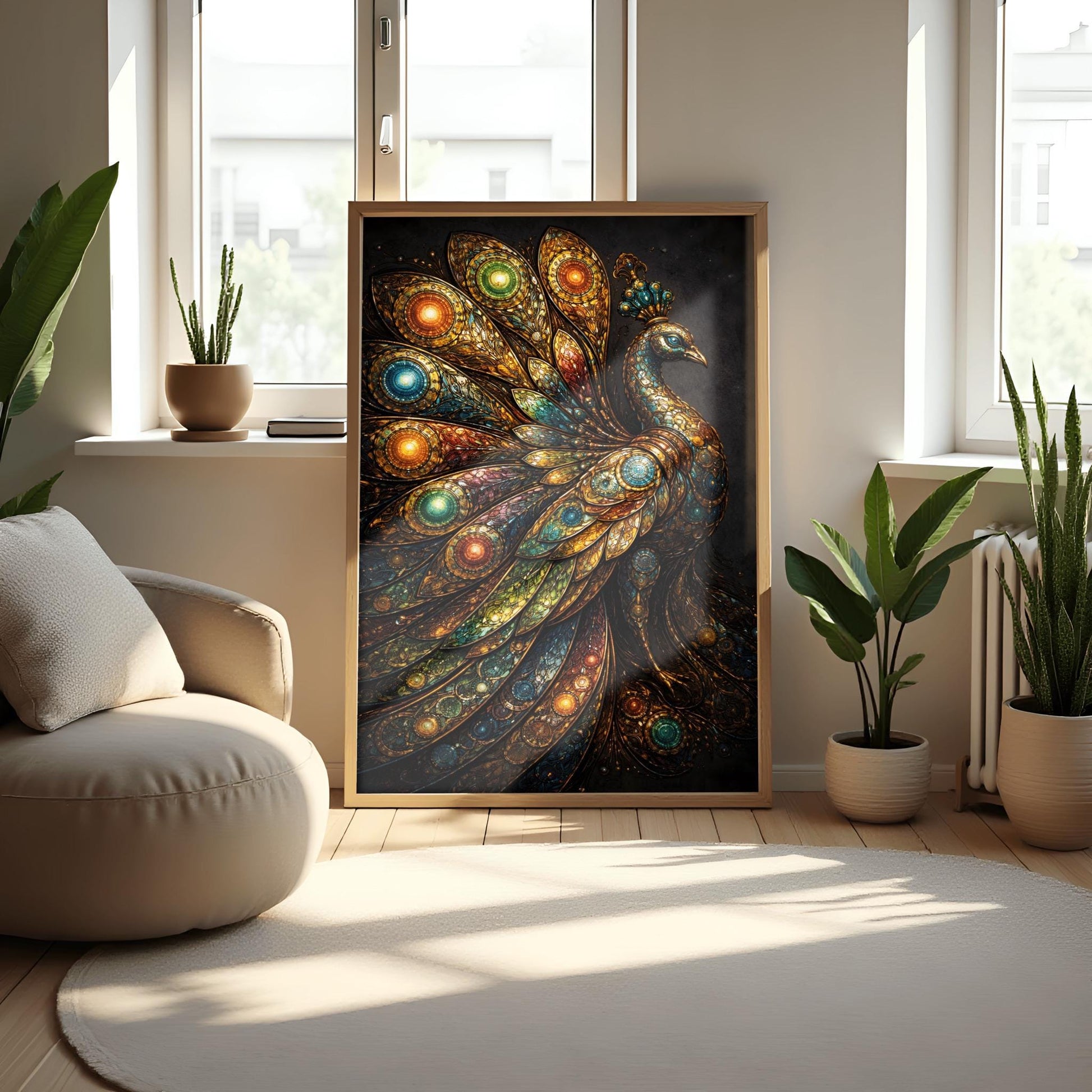 A vertical full-bleed illustration of a peacock in the style of Gustav Klimt. The peacock’s body is covered in golden mosaic patterns. Its massive tail features glowing circles of green, blue, and amber, resembling stained glass. The background is dark and textured.