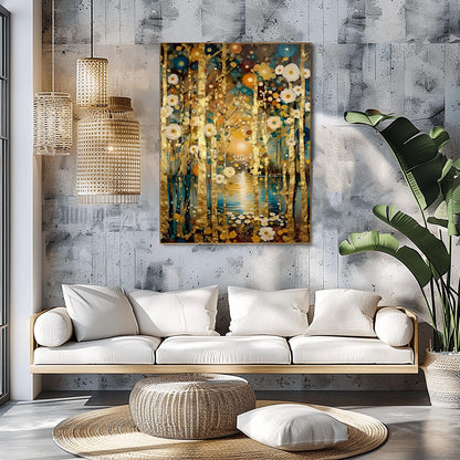 A vertical landscape painting in the style of Gustav Klimt. Slender birch tree trunks with gold-leaf textures stand in a dense forest. The ground is covered in stylized, mosaic-like circular flowers in cream, gold, and teal. In the background, a glowing sun reflects on a dark blue lake. The overall style is rich in texture with heavy impasto brushstrokes and a deep, opulent color palette.