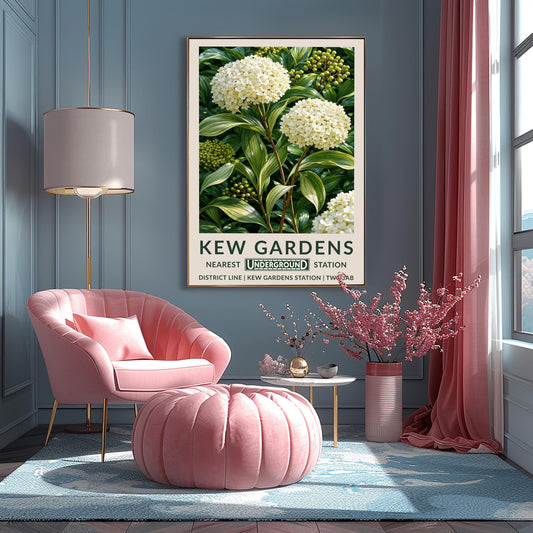 A vertical retro London Underground travel poster for Kew Gardens on a wide cream border. The top image shows a close-up, detailed botanical illustration of two large, round white hydrangea flower clusters surrounded by long, variegated green and white leaves and small green berries. The bottom cream border features the text "KEW GARDENS" in dark green, followed by "NEAREST UNDERGROUND STATION" flanking an authentic boxed Underground logo