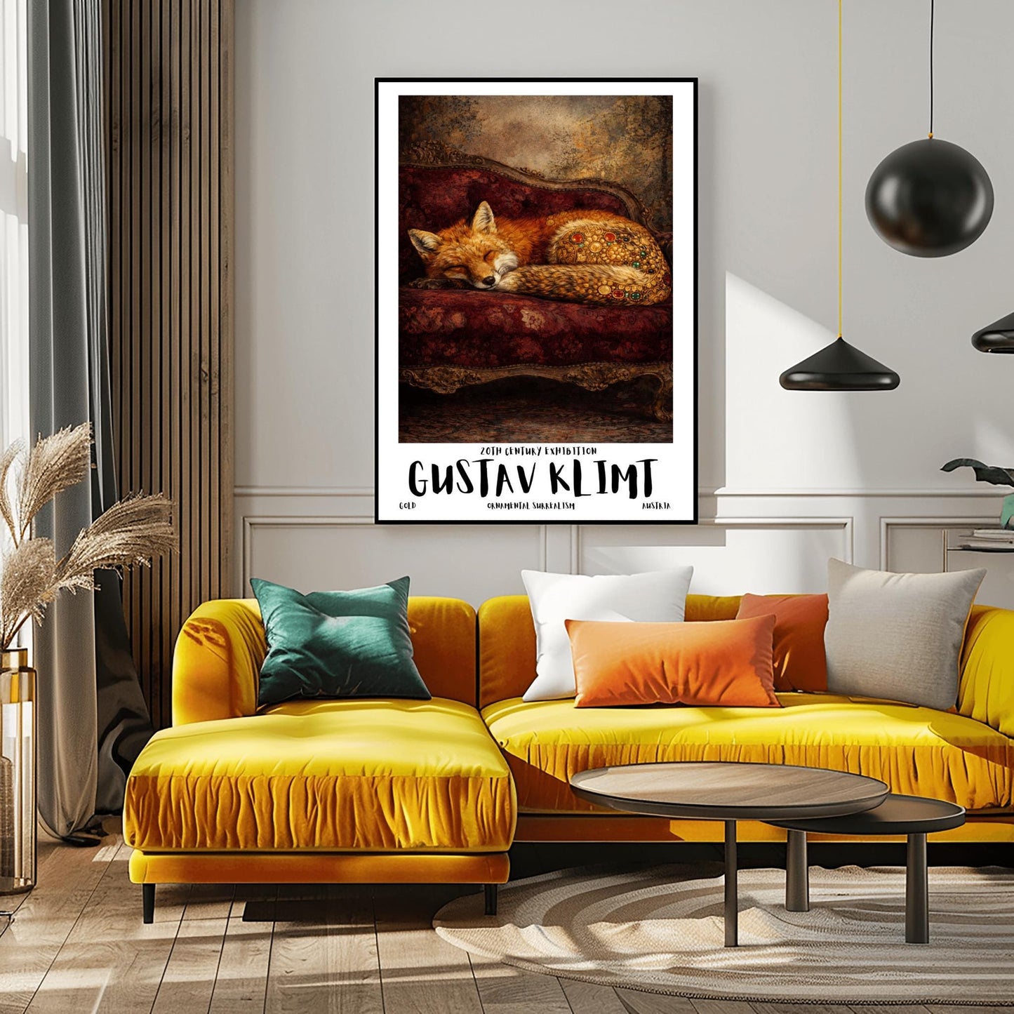 A vertical exhibition poster for Gustav Klimt featuring a red fox sleeping on a dark crimson velvet antique sofa. The fox's haunches are covered in golden mosaic flowers and jewels. Bold text at the bottom reads "GUSTAV KLIMT" and "Ornamental Surrealism."