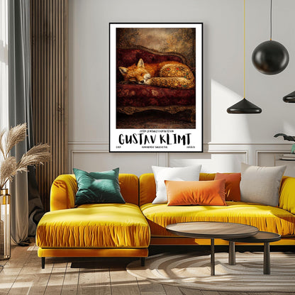 A vertical exhibition poster for Gustav Klimt featuring a red fox sleeping on a dark crimson velvet antique sofa. The fox's haunches are covered in golden mosaic flowers and jewels. Bold text at the bottom reads "GUSTAV KLIMT" and "Ornamental Surrealism."