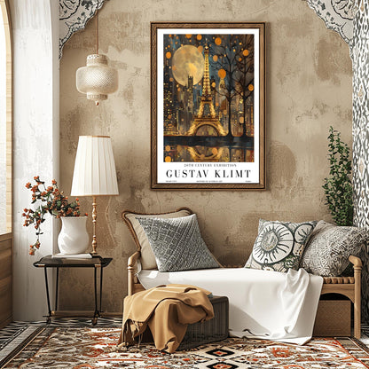 A vertical museum exhibition poster featuring the Eiffel Tower in Paris at night in the style of Gustav Klimt. The tower and city buildings glow in textured gold against a dark blue sky with a large, golden moon. Below the image, bold black text reads "GUSTAV KLIMT" and "20TH CENTURY EXHIBITION" against a white border.
