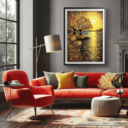 A vertical museum exhibition poster in the style of Gustav Klimt. A large, radiant yellow mosaic sun rises over a lake. On the left shore, two trees with ornate spiral-patterned leaves stand. The ground and sky are filled with dense golden mosaic circles and patterns. Bold black text at the bottom reads "GUSTAV KLIMT" and "AUSTRIA."