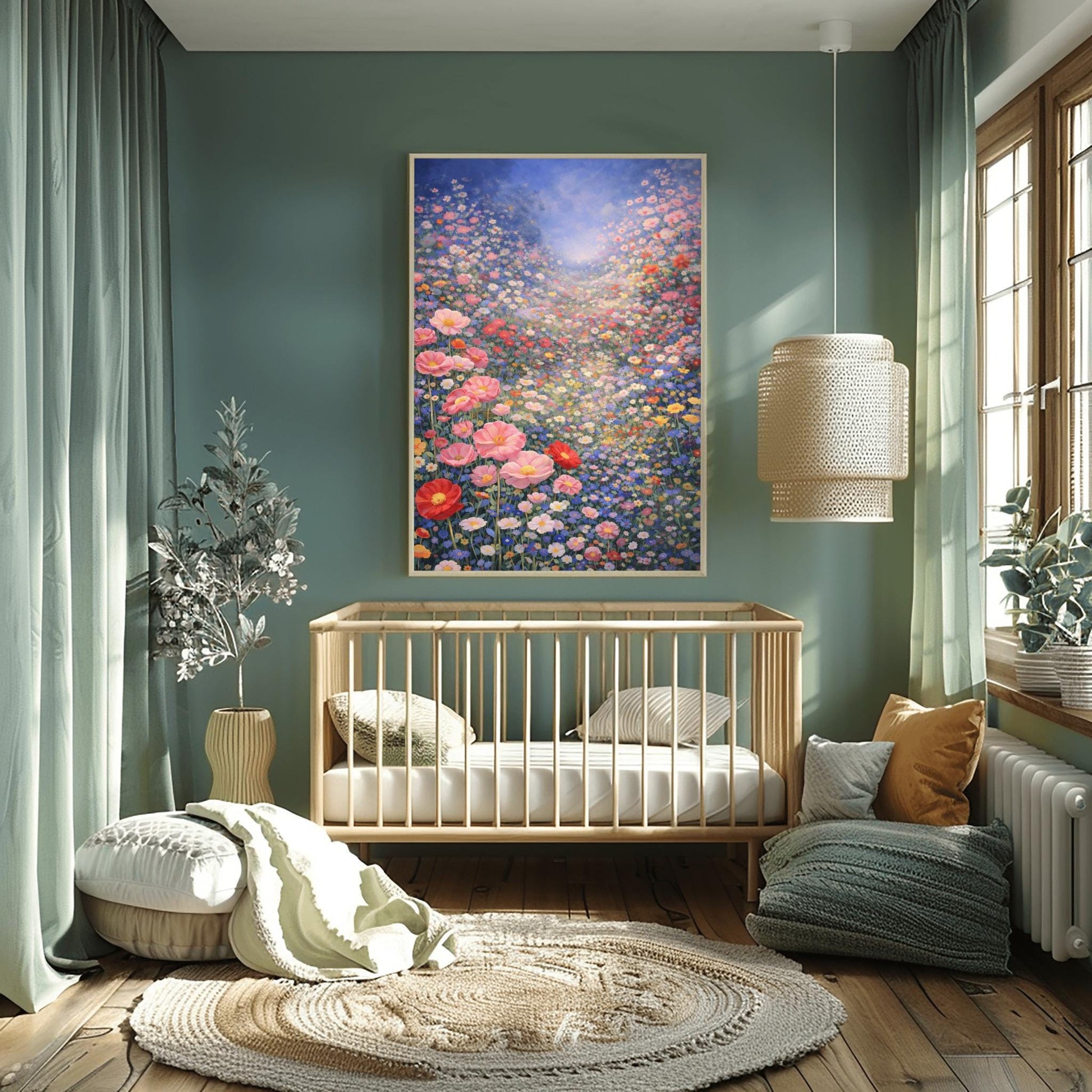 A vertical fine art landscape in the style of Gustav Klimt. A vast valley is filled with a dense sea of pink, red, blue, and white wildflowers. Large pink poppies are in the foreground, and the field stretches back to a hazy, sun-drenched horizon under a soft blue sky.