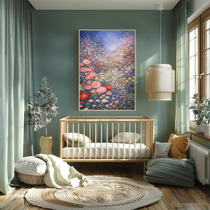 A vertical fine art landscape in the style of Gustav Klimt. A vast valley is filled with a dense sea of pink, red, blue, and white wildflowers. Large pink poppies are in the foreground, and the field stretches back to a hazy, sun-drenched horizon under a soft blue sky.
