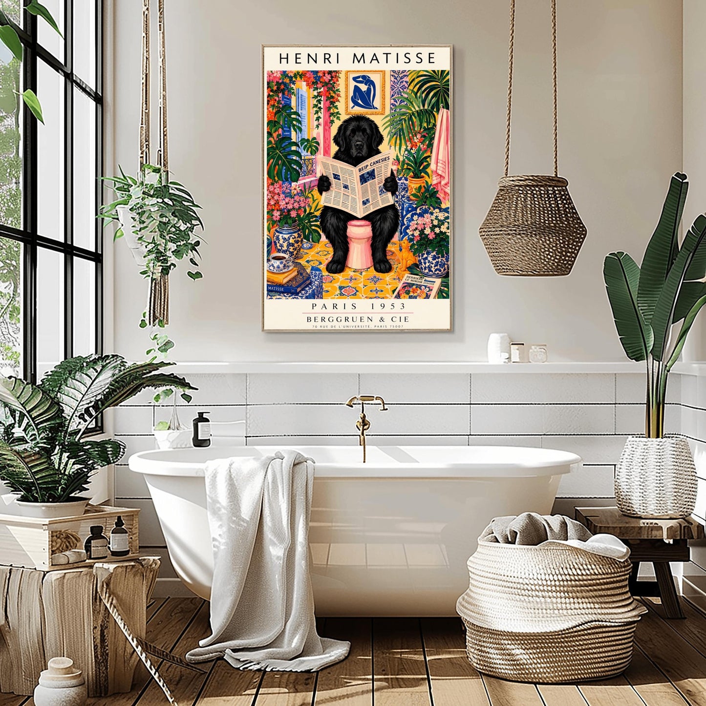 A vertical vintage-style art exhibition poster titled "HENRI MATISSE" at the top and "PARIS 1953 BERGGRUEN & CIE" at the bottom. The main image shows a large, fluffy black Newfoundland dog sitting on a pink toilet in a highly decorated bathroom, reading a newspaper. The room is filled with yellow pattern tiles, blue-and-white wallpaper, a blue Matisse cutout art frame on the wall, multiple large green houseplants, and vases filled with colorful pink flowers.