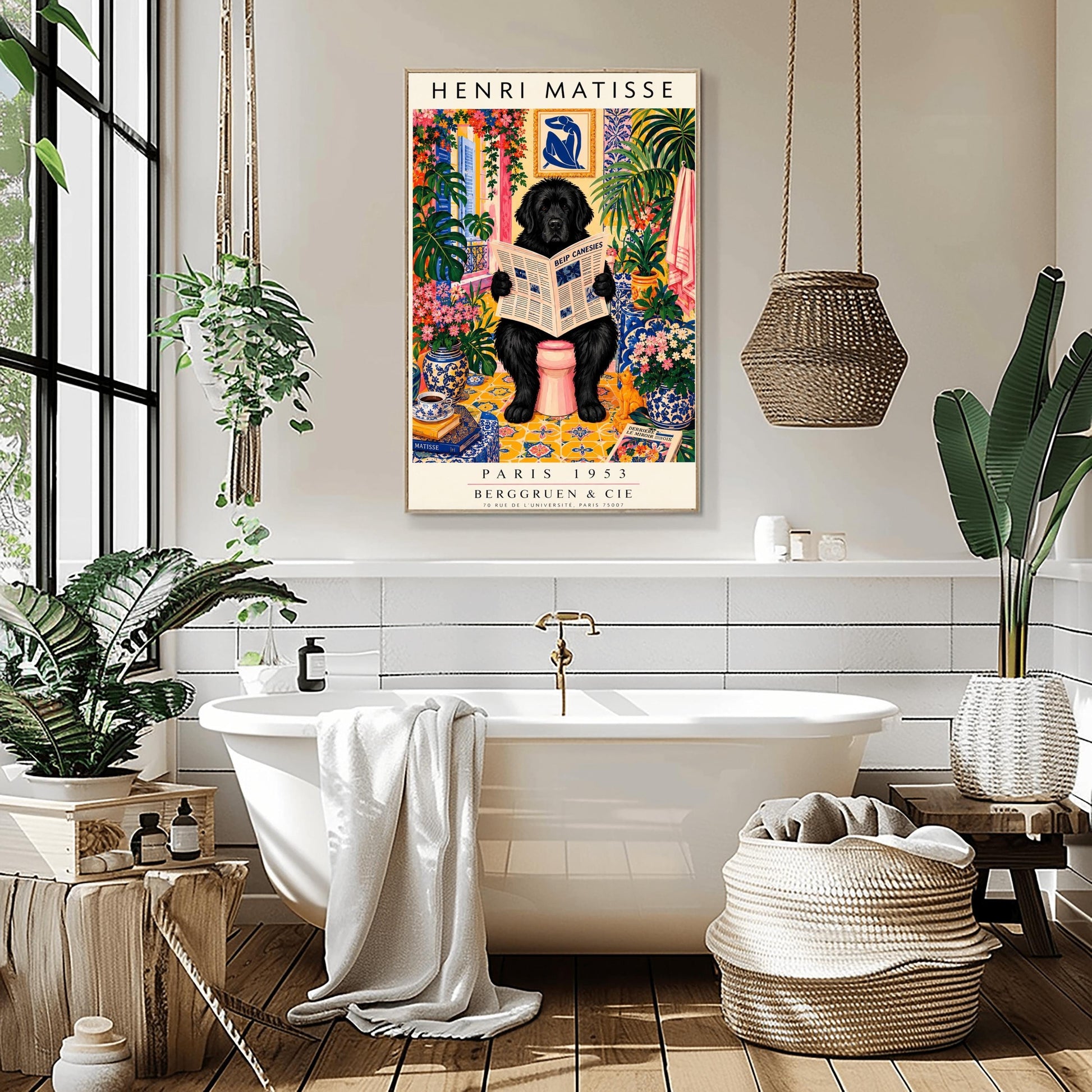 A vertical vintage-style art exhibition poster titled "HENRI MATISSE" at the top and "PARIS 1953 BERGGRUEN & CIE" at the bottom. The main image shows a large, fluffy black Newfoundland dog sitting on a pink toilet in a highly decorated bathroom, reading a newspaper. The room is filled with yellow pattern tiles, blue-and-white wallpaper, a blue Matisse cutout art frame on the wall, multiple large green houseplants, and vases filled with colorful pink flowers.