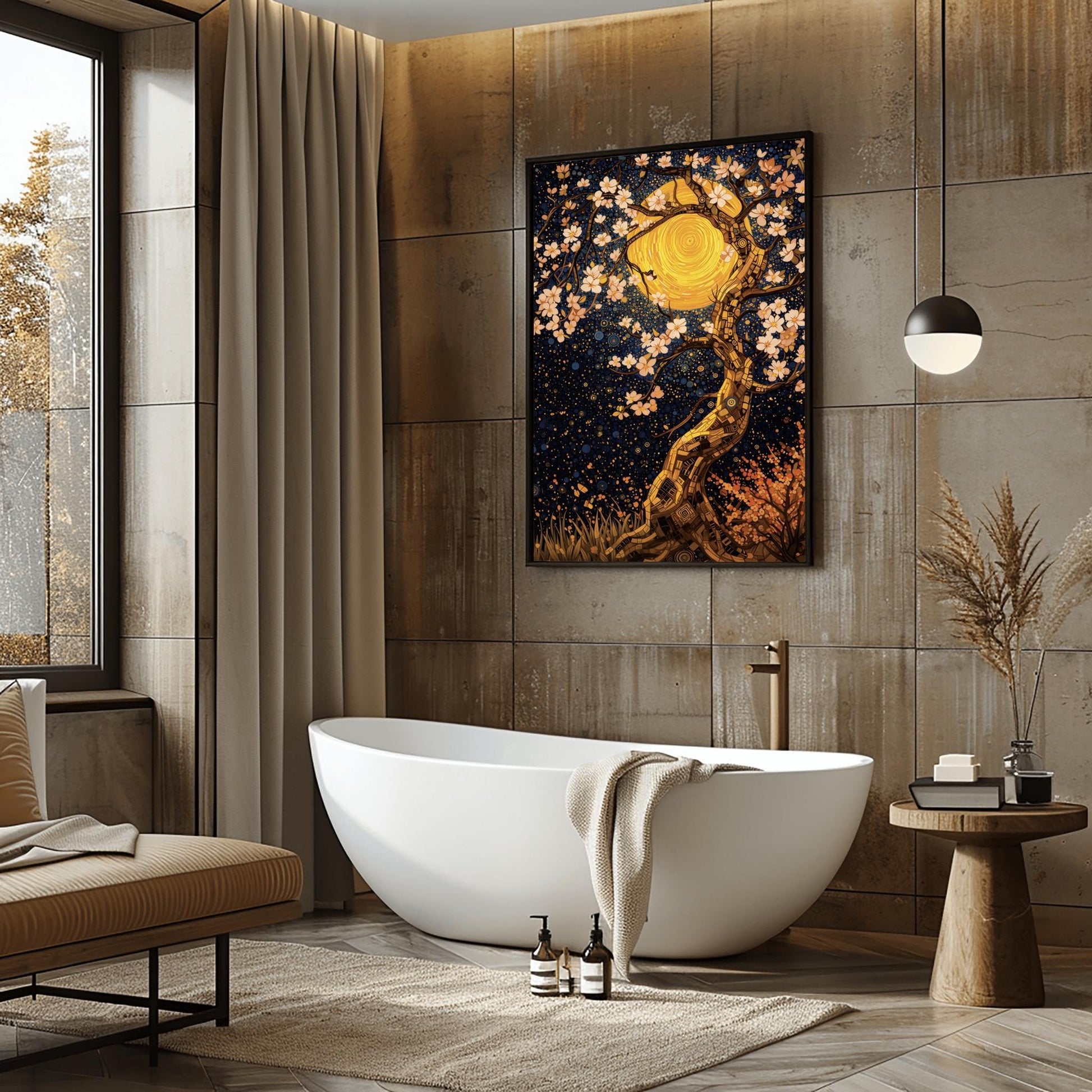A vertical fine art print in the style of Gustav Klimt. A twisting tree trunk made of gold and bronze mosaic tiles features delicate white blossoms. A massive, swirling golden moon sits behind the branches against a dark navy sky filled with star patterns and blue circles.