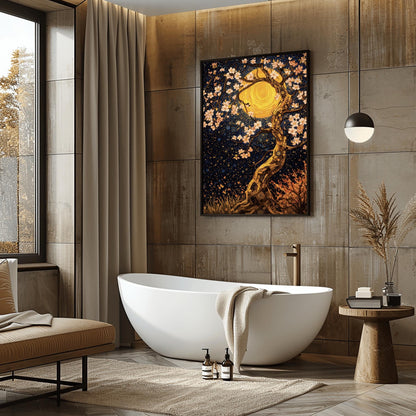 A vertical fine art print in the style of Gustav Klimt. A twisting tree trunk made of gold and bronze mosaic tiles features delicate white blossoms. A massive, swirling golden moon sits behind the branches against a dark navy sky filled with star patterns and blue circles.