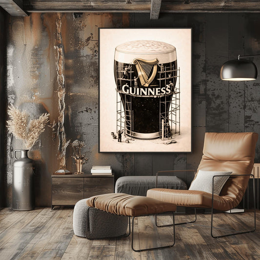 A vertical charcoal illustration of a large pint of Guinness. The glass is surrounded by a complex wooden scaffolding structure. Tiny worker silhouettes are on the scaffolding, polishing a large golden harp and the white Guinness logo on the front of the glass. The background is a light cream color.