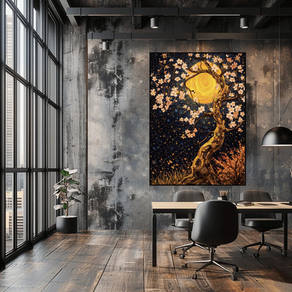 A vertical fine art print in the style of Gustav Klimt. A twisting tree trunk made of gold and bronze mosaic tiles features delicate white blossoms. A massive, swirling golden moon sits behind the branches against a dark navy sky filled with star patterns and blue circles.