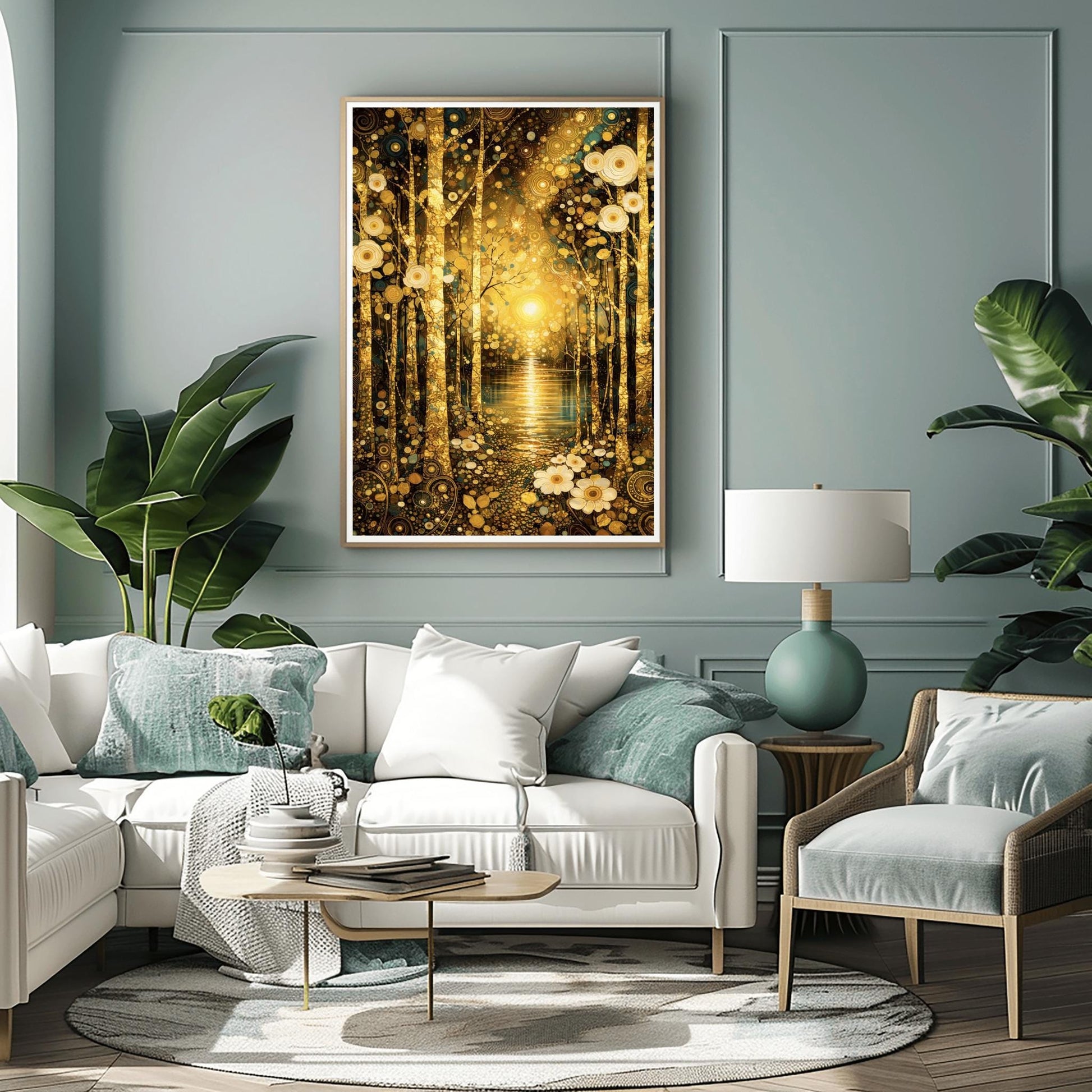 A vertical fine art landscape in the style of Gustav Klimt. Slender, textured golden birch trees stand in the foreground on a forest floor covered in white circular flowers. In the background, a brilliant golden sun reflects over a calm lake, surrounded by an atmosphere of golden spirals and shimmering mosaic patterns.