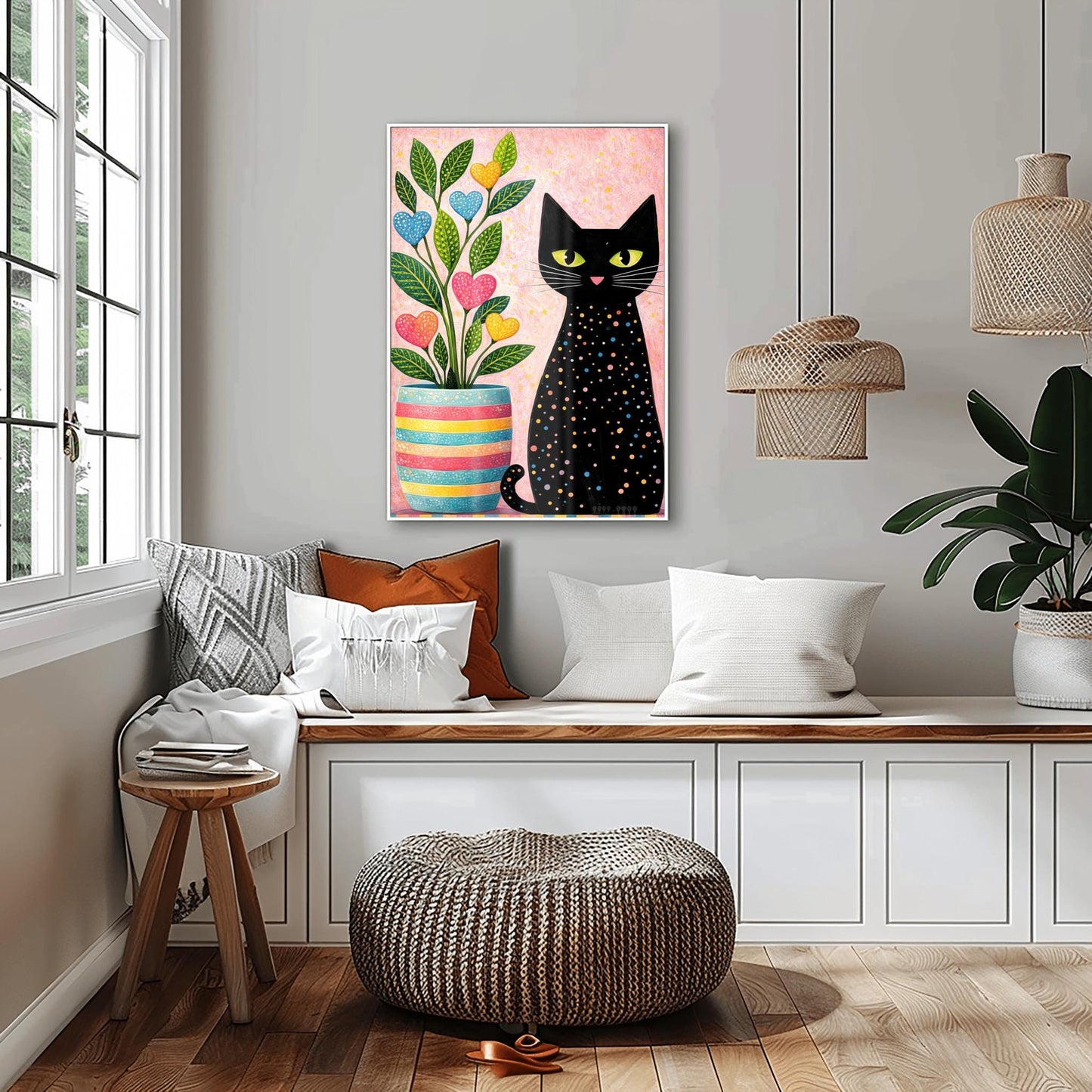A vertical folk-art style illustration of a black cat sitting next to a colorful potted plant. The black cat is covered in small, multi-colored polka dots and has bright green eyes. The plant to its left is in a striped pink, yellow, and blue pot and features green leaves with heart-shaped "flowers" in pink, blue, and yellow. The background is a textured light pink with yellow paint splatters.
