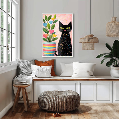 A vertical folk-art style illustration of a black cat sitting next to a colorful potted plant. The black cat is covered in small, multi-colored polka dots and has bright green eyes. The plant to its left is in a striped pink, yellow, and blue pot and features green leaves with heart-shaped "flowers" in pink, blue, and yellow. The background is a textured light pink with yellow paint splatters.