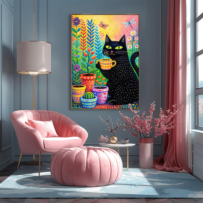 A vertical, colorful folk-art illustration of a black cat with green eyes holding a steaming yellow patterned mug. The cat has small white dashed lines for fur and is sitting next to several decorated flower pots containing a cactus and various colorful plants. A butterfly and a dragonfly fly in the upper portion of the image. The background is a bright, speckled gradient of yellow, pink, and orange.