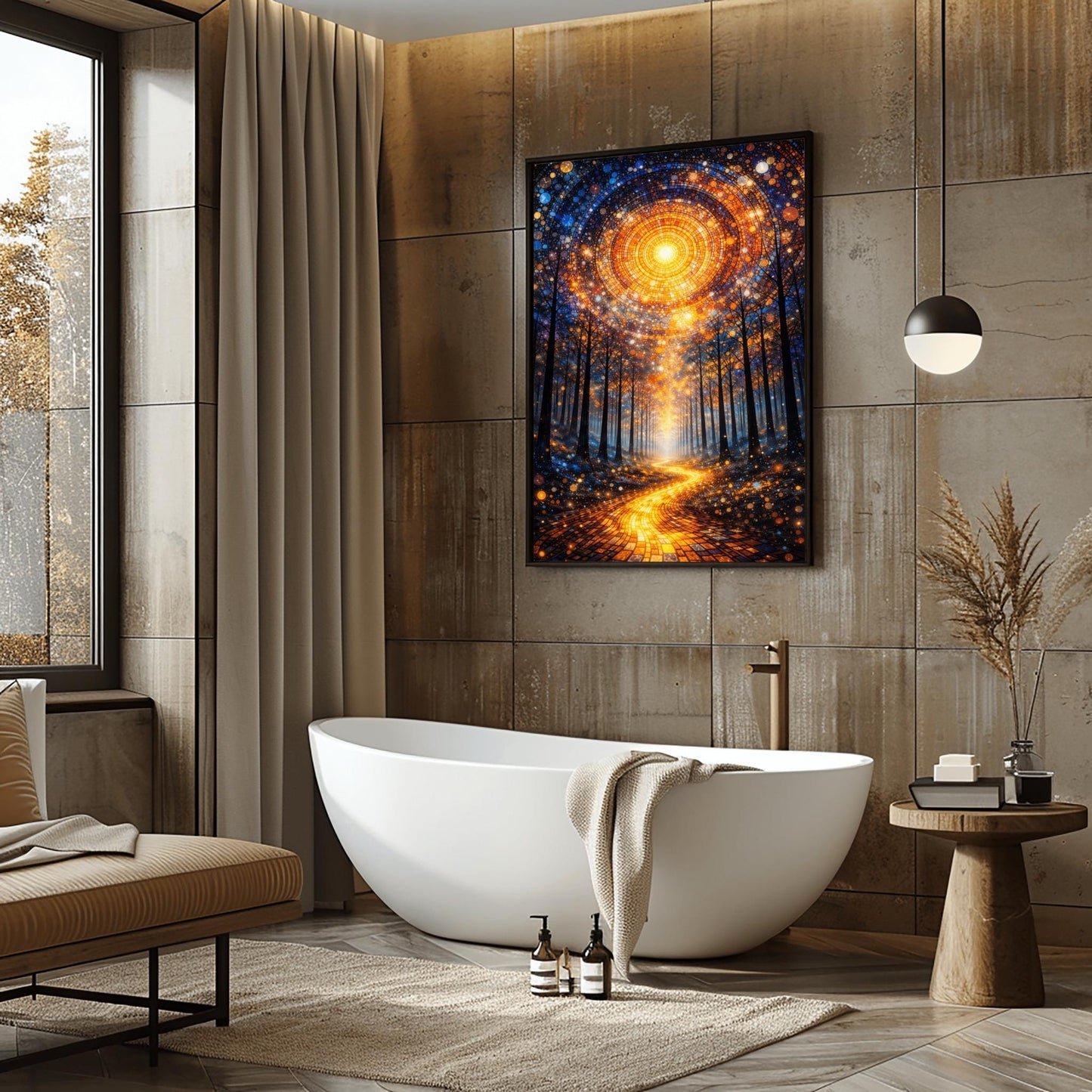 A vertical, highly detailed Art Nouveau illustration featuring a winding golden mosaic path leading through a dark forest toward a bright light. Above, a massive circular portal in the sky is made of intricate mosaic tiles in gold and blue. The scene is filled with shimmering golden stardust.