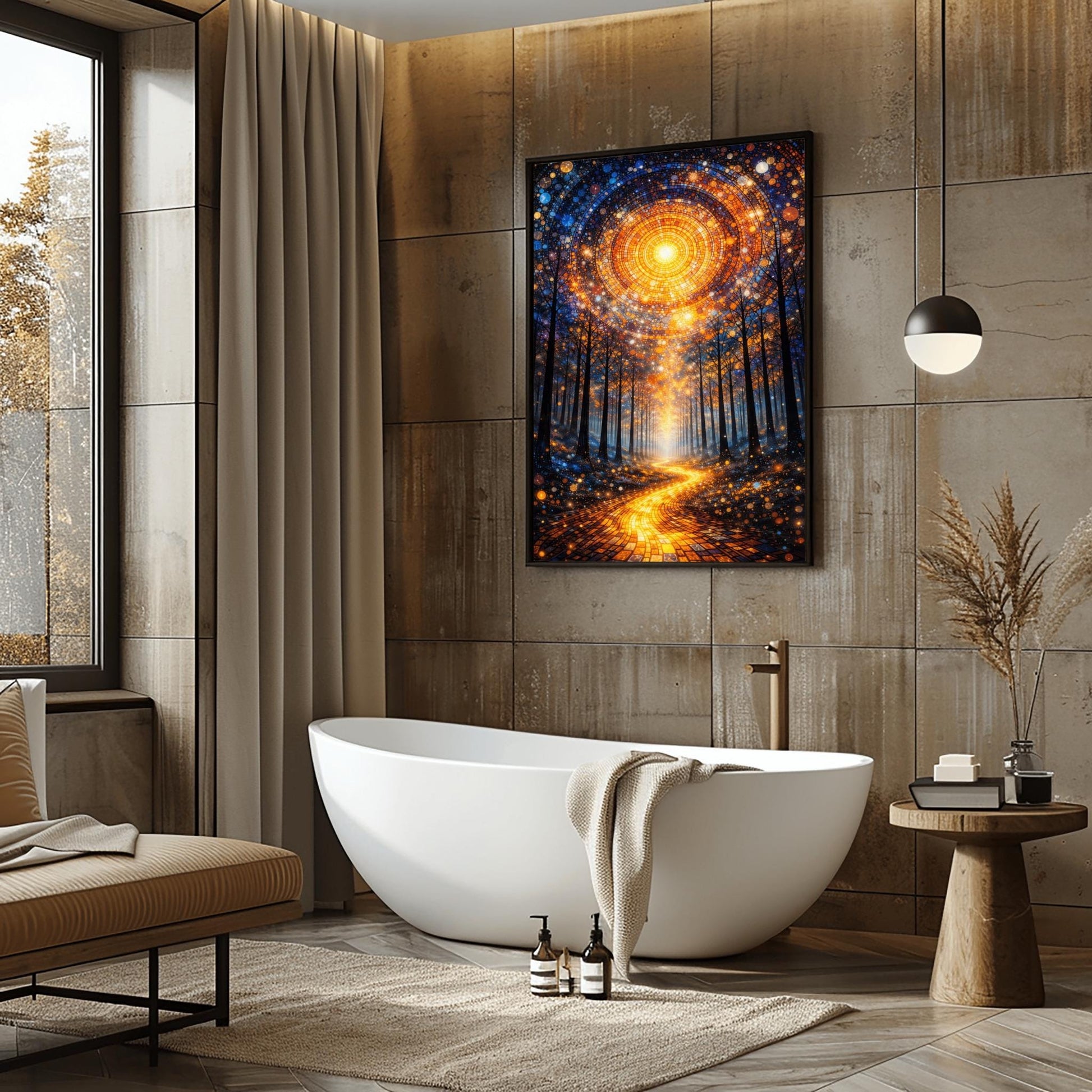 A vertical, highly detailed Art Nouveau illustration featuring a winding golden mosaic path leading through a dark forest toward a bright light. Above, a massive circular portal in the sky is made of intricate mosaic tiles in gold and blue. The scene is filled with shimmering golden stardust.