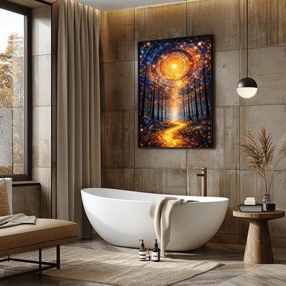 A vertical, highly detailed Art Nouveau illustration featuring a winding golden mosaic path leading through a dark forest toward a bright light. Above, a massive circular portal in the sky is made of intricate mosaic tiles in gold and blue. The scene is filled with shimmering golden stardust.