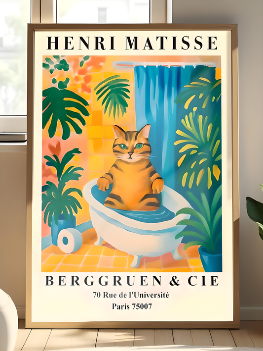 Funny Tabby Cat Bath Art Print, Matisse Style Bathroom Wall Decor, Pink Dopamine Mid Century Modern Illustration